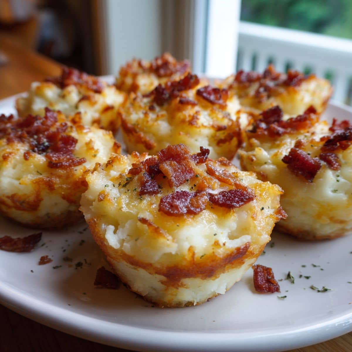 Overhead view of homemade mashed potato cups recipe baked in a muffin tin, topped with melted cheese and bacon bits on a white kitchen counter