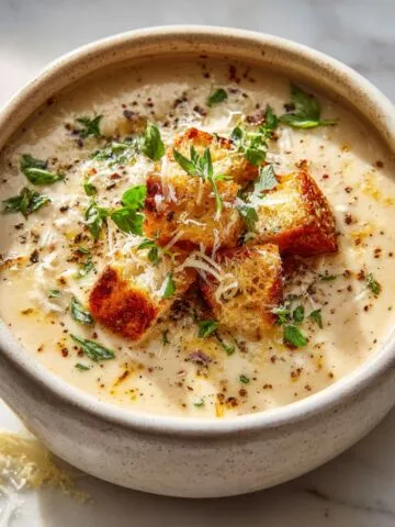 Homemade creamy Parmesan soup recipe served in a white bowl on a marble counter, surrounded by cheese shavings and croutons, captured from an overhead angle for a cozy homemade feel.