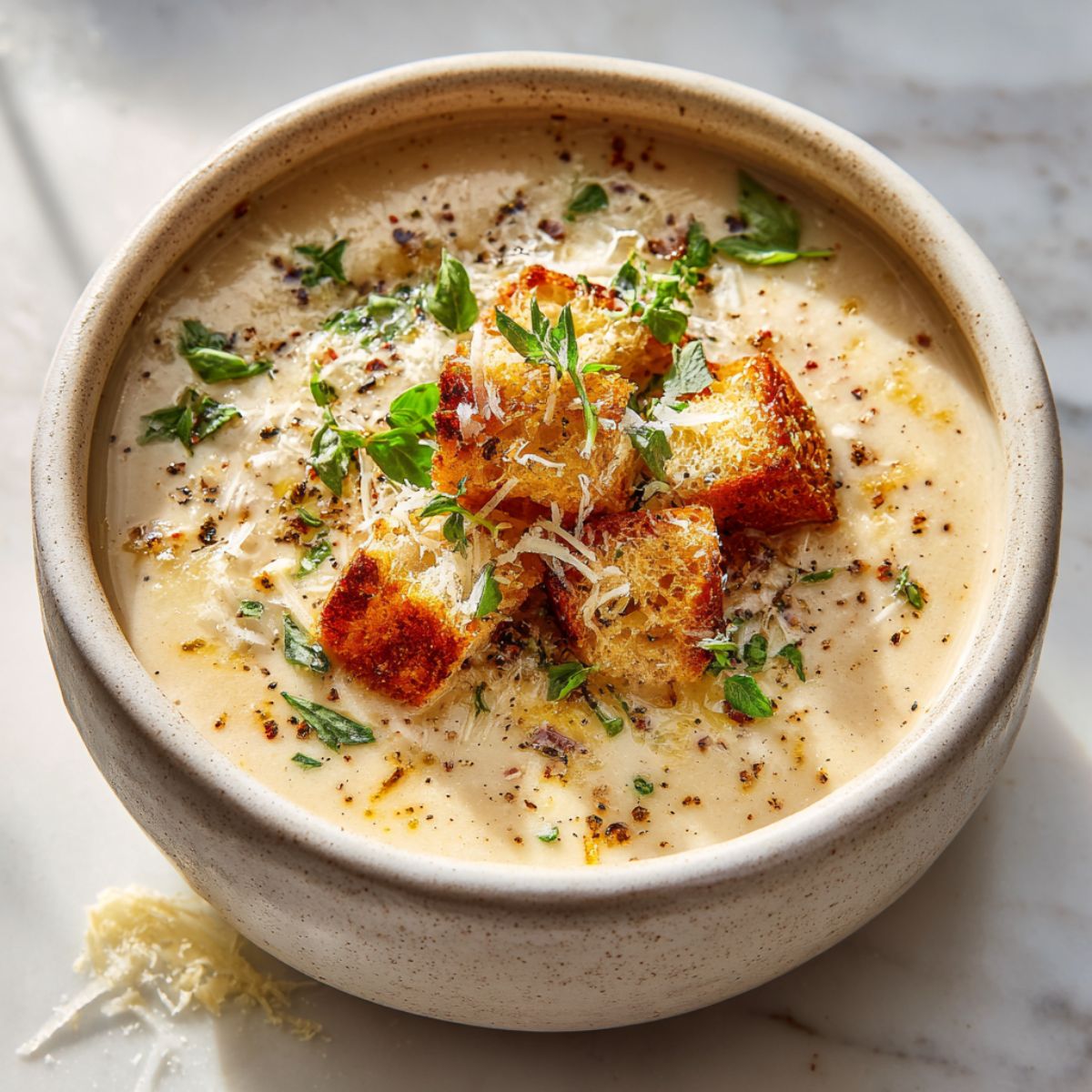 Homemade creamy Parmesan soup recipe served in a white bowl on a marble counter, surrounded by cheese shavings and croutons, captured from an overhead angle for a cozy homemade feel.