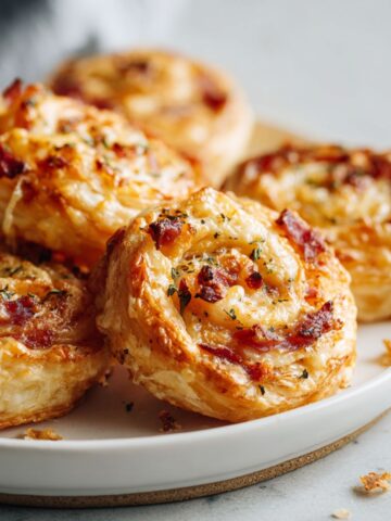 Homemade prosciutto puff pastry recipe pinwheels on a white marble counter, golden and flaky with melted cheese — a real, cozy kitchen scene captured from above.
