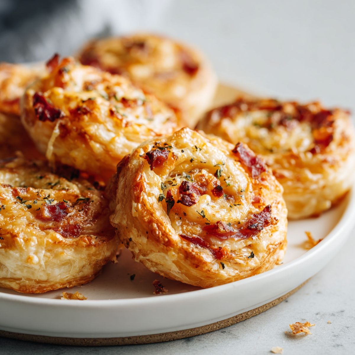Homemade prosciutto puff pastry recipe pinwheels on a white marble counter, golden and flaky with melted cheese — a real, cozy kitchen scene captured from above.