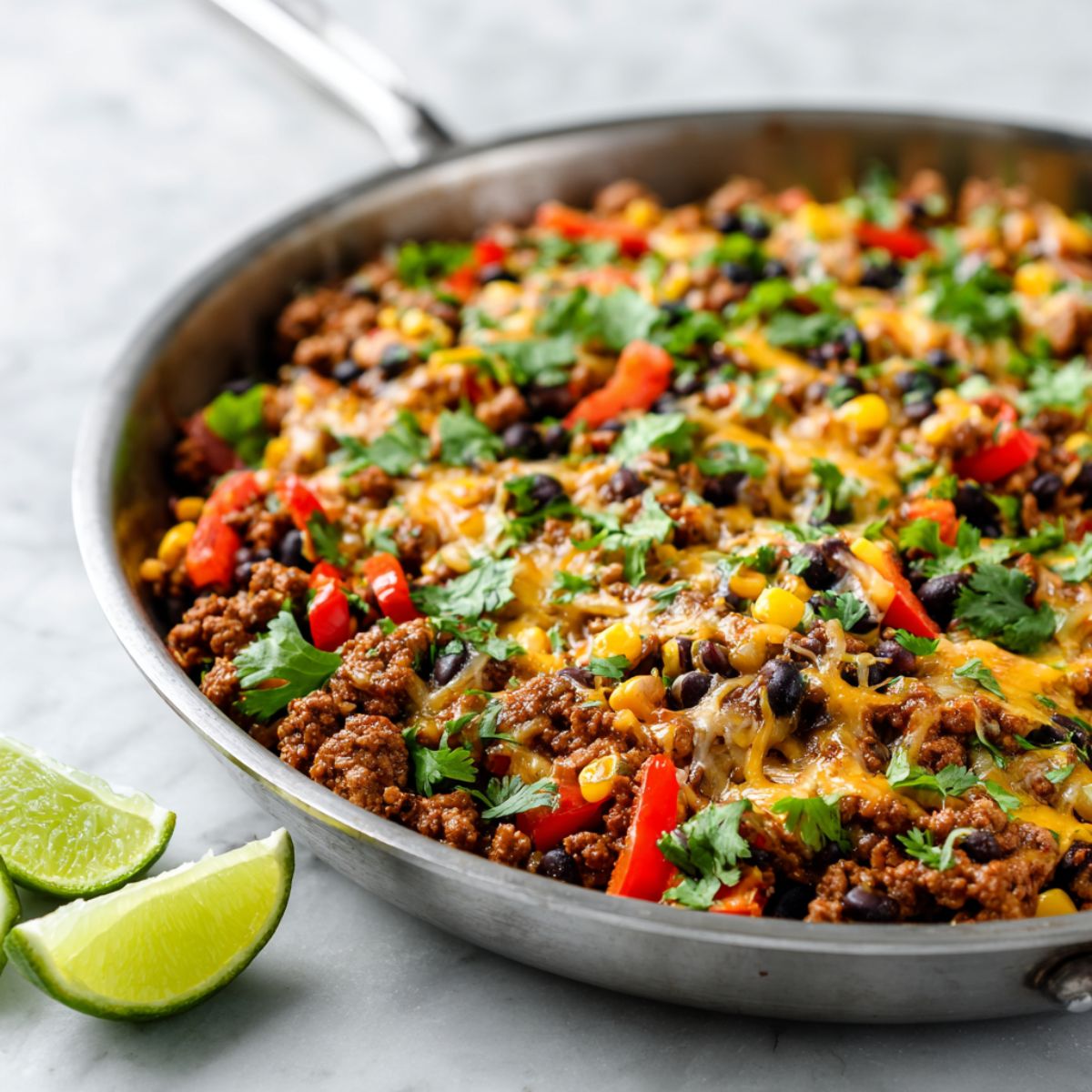 Homemade ground turkey taco skillet recipe topped with melted cheese, bell peppers, beans, corn, and fresh cilantro on a white kitchen counter.