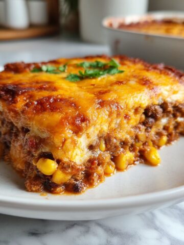 Overhead shot of a homemade Tex-Mex casserole recipe fresh from the oven on a white marble kitchen counter, showing melted cheese and golden edges.