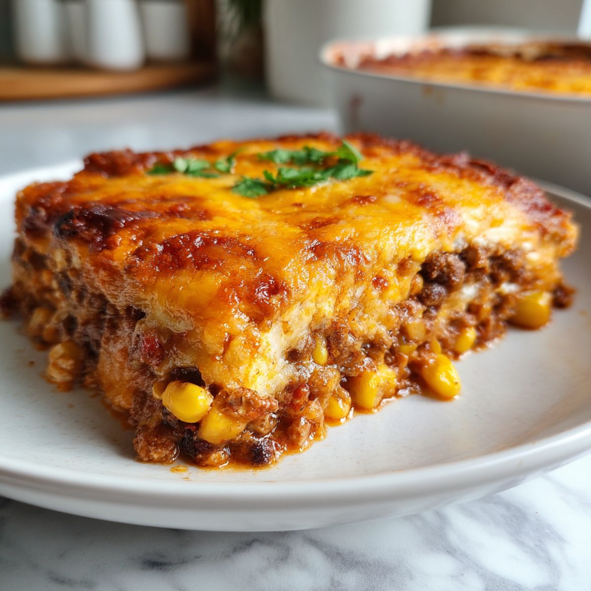 Overhead shot of a homemade Tex-Mex casserole recipe fresh from the oven on a white marble kitchen counter, showing melted cheese and golden edges.