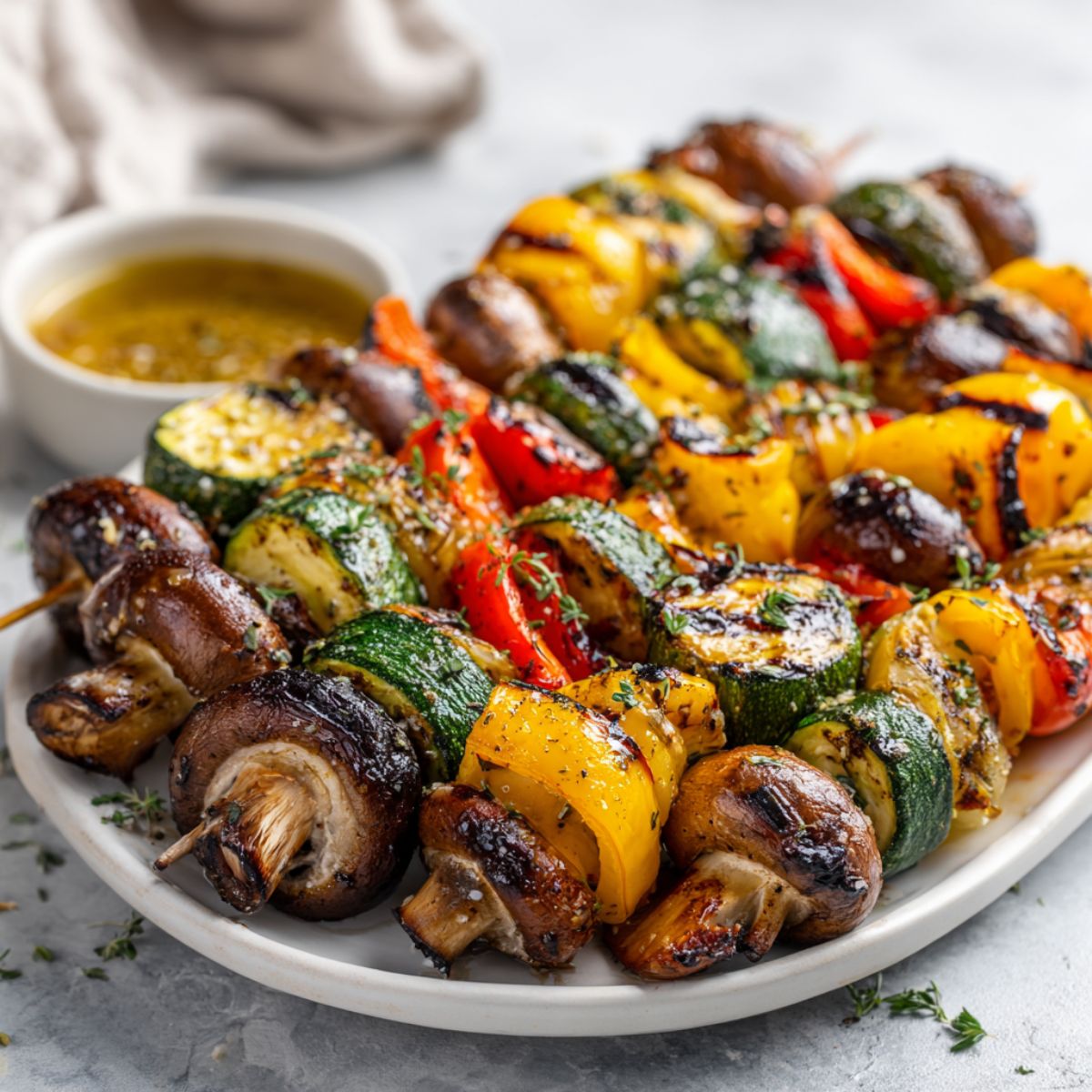 Overhead shot of homemade grilled vegetable skewers recipe on a white kitchen counter with herbs and marinade bowl.