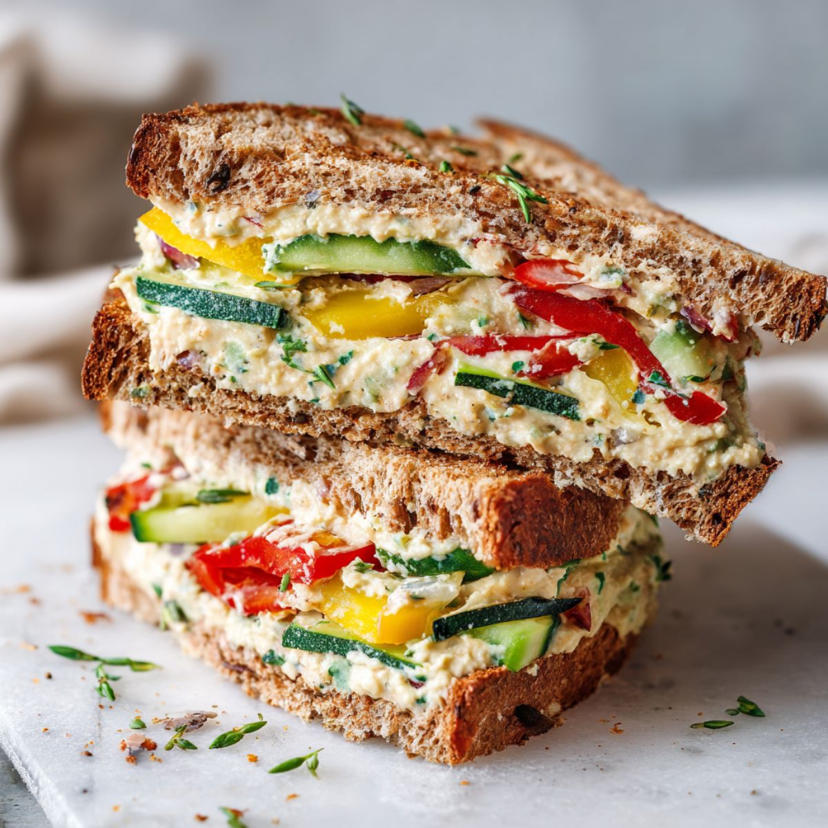 Overhead view of a homemade veggie hummus sandwich recipe cut diagonally on a white kitchen counter, filled with cucumber, tomato, spinach, and carrots, looking fresh and rustic.