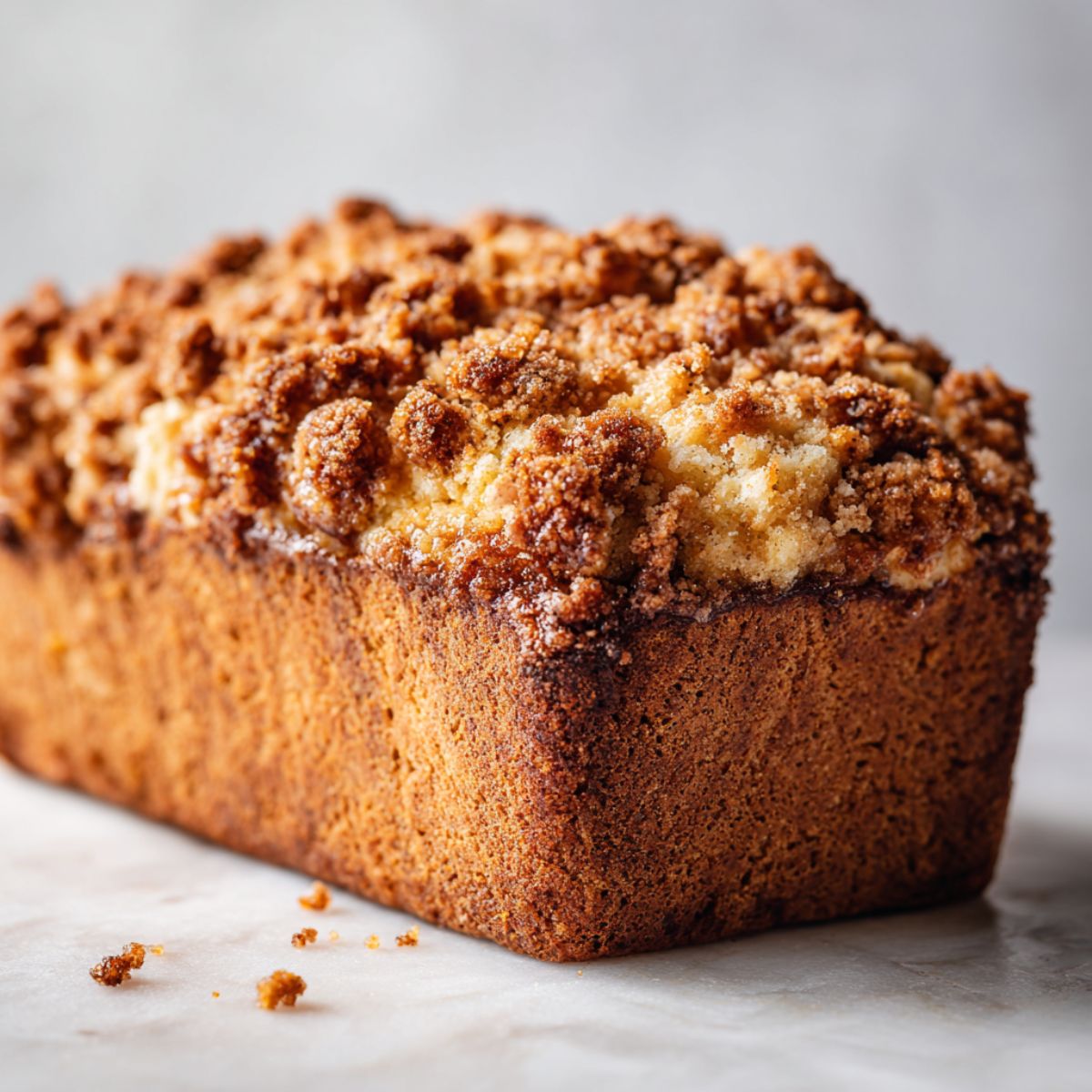 Overhead view of homemade apple cinnamon streusel bread recipe loaf with golden crumbly topping on a white marble kitchen counter.