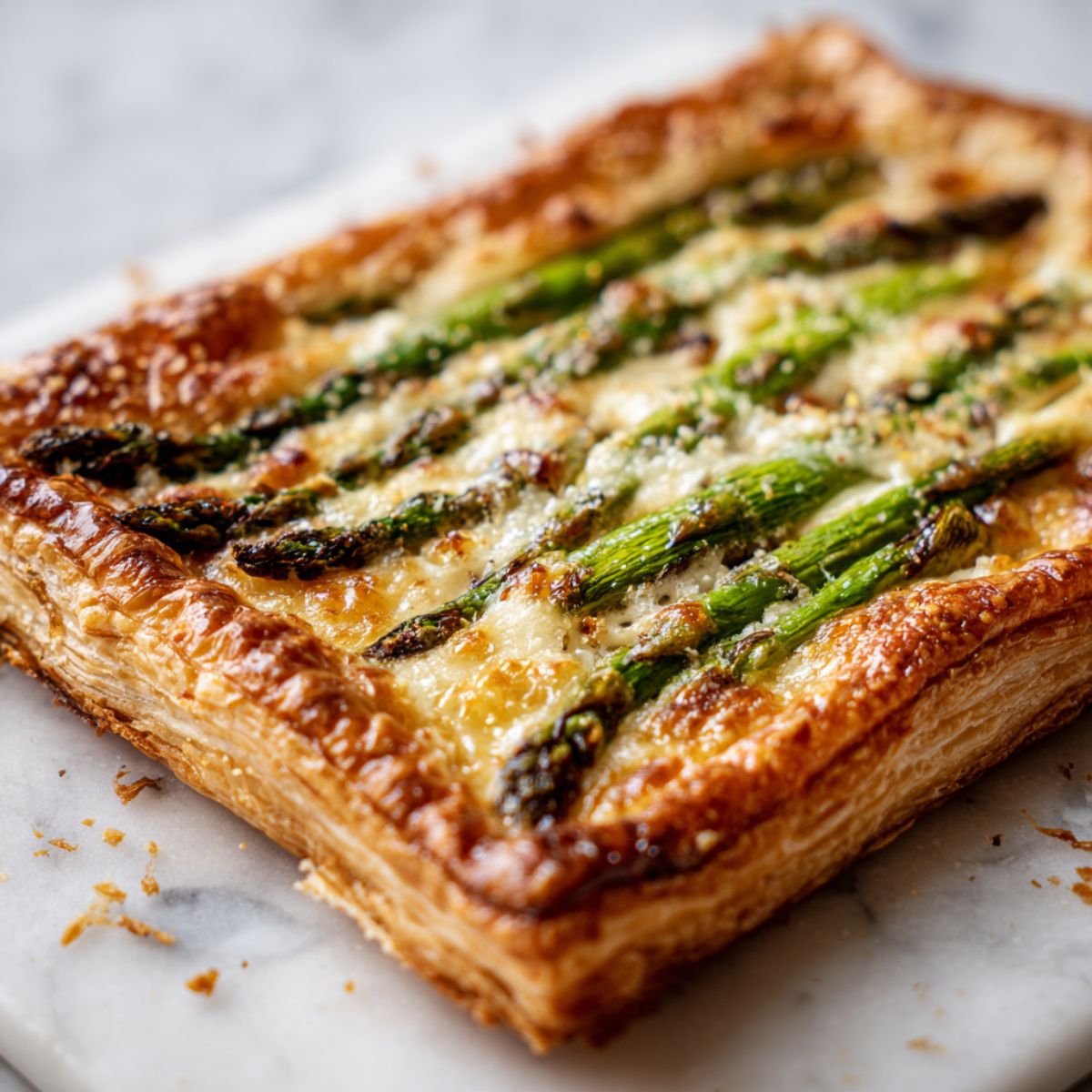 Homemade asparagus puff pastry recipe tart with melted cheese on a white marble counter, photographed from above in natural light.
