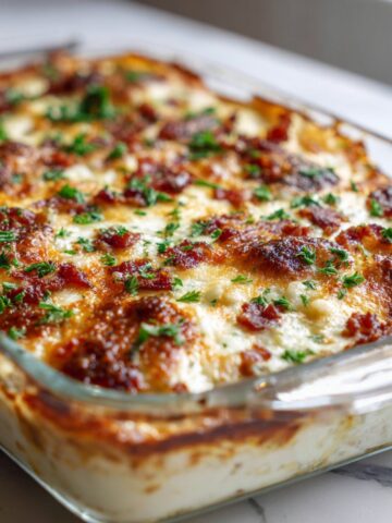 Bacon ranch casserole recipe in a glass baking dish on a white kitchen counter, topped with melted cheese and crispy bacon, photographed from above by an amateur cook.