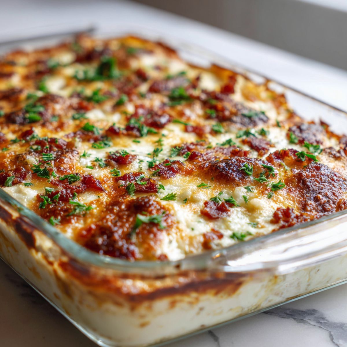 Bacon ranch casserole recipe in a glass baking dish on a white kitchen counter, topped with melted cheese and crispy bacon, photographed from above by an amateur cook.