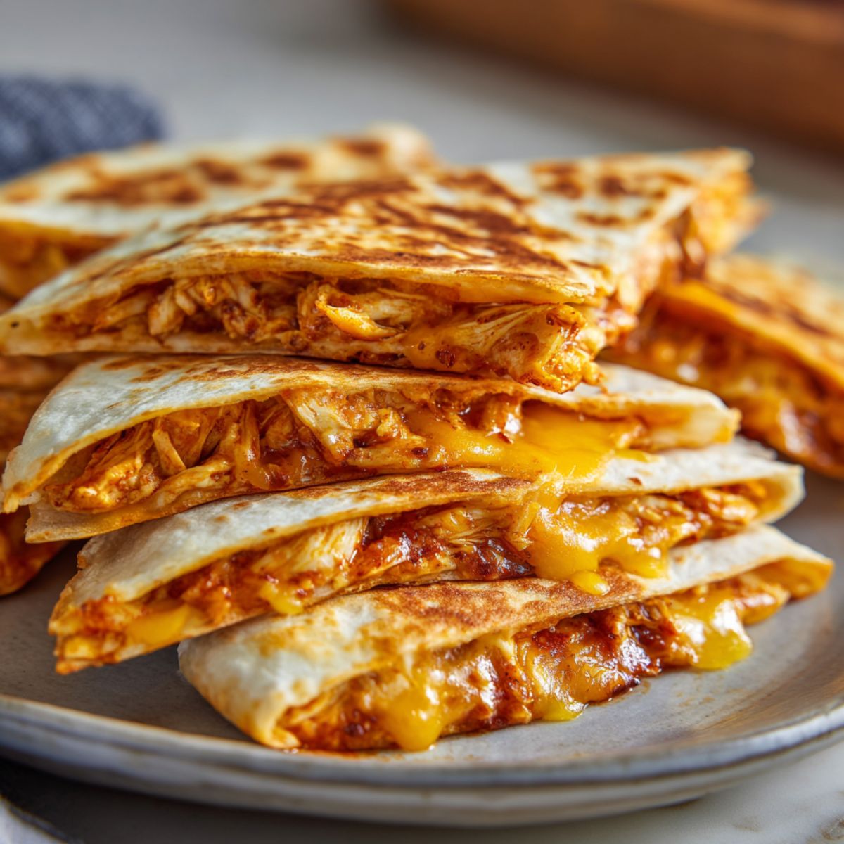 Homemade BBQ Chicken Quesadillas Recipe wedges with melted cheese on a white kitchen counter.
