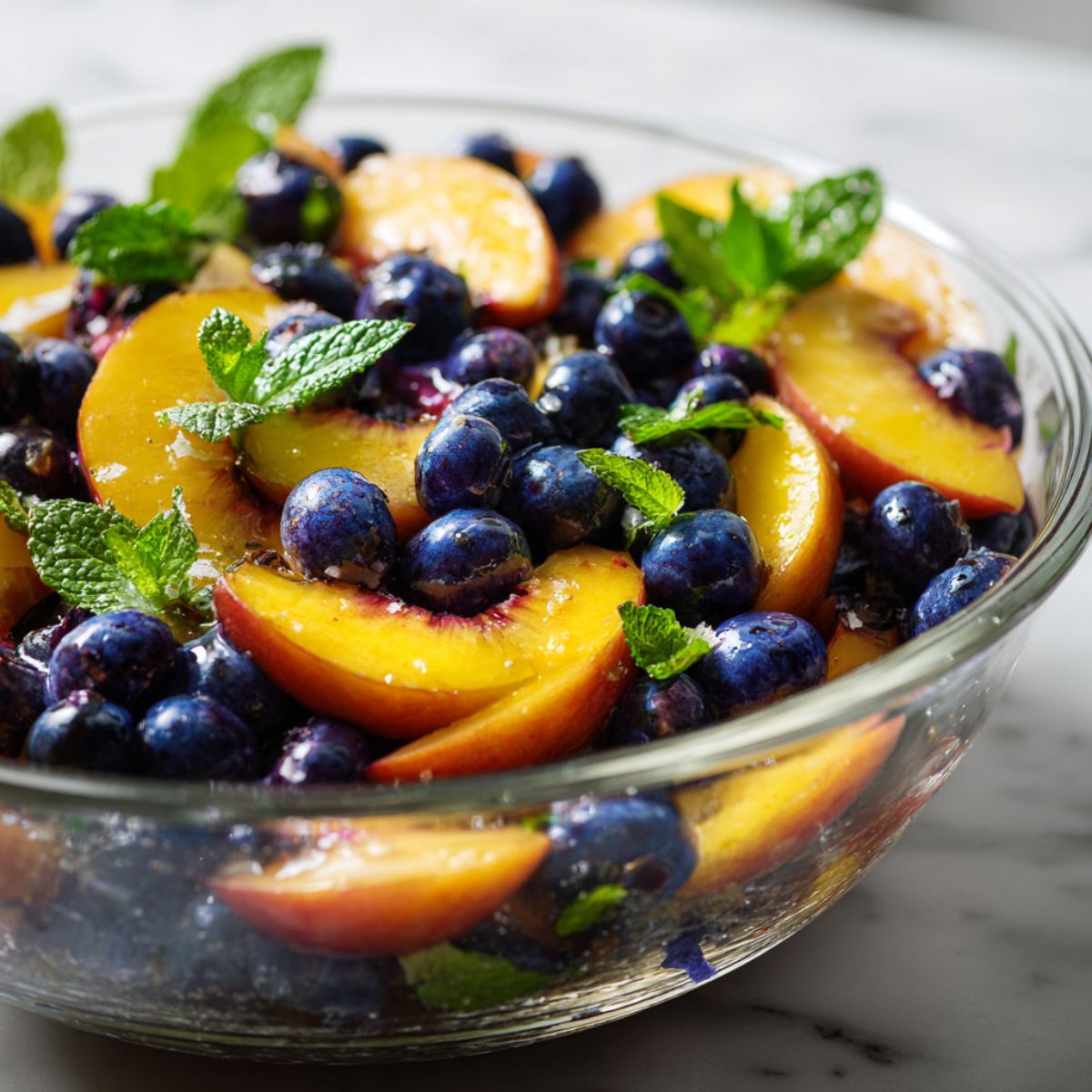 Overhead photo of a homemade blueberry peach salad recipe with sliced peaches, fresh blueberries, and mint leaves in a glass bowl on a white marble kitchen counter.
