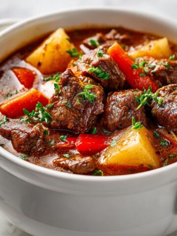 Overhead shot of homemade braised beef stew recipe in a white pot on a white kitchen counter with visible carrots, potatoes, and tender beef chunks in rich brown gravy.
