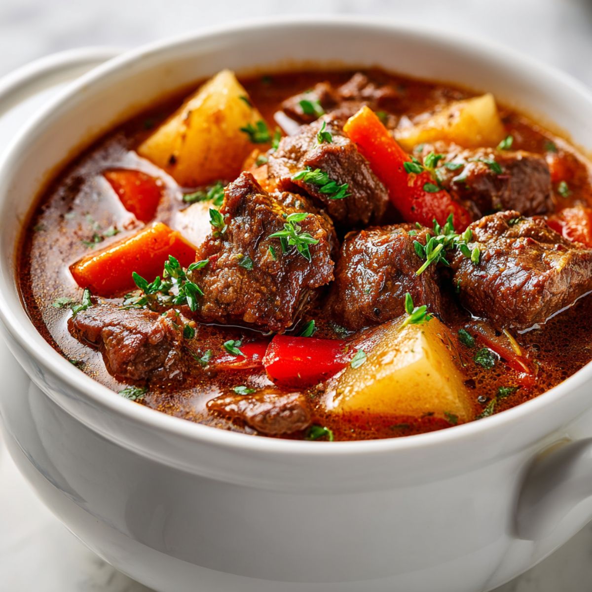 Overhead shot of homemade braised beef stew recipe in a white pot on a white kitchen counter with visible carrots, potatoes, and tender beef chunks in rich brown gravy.