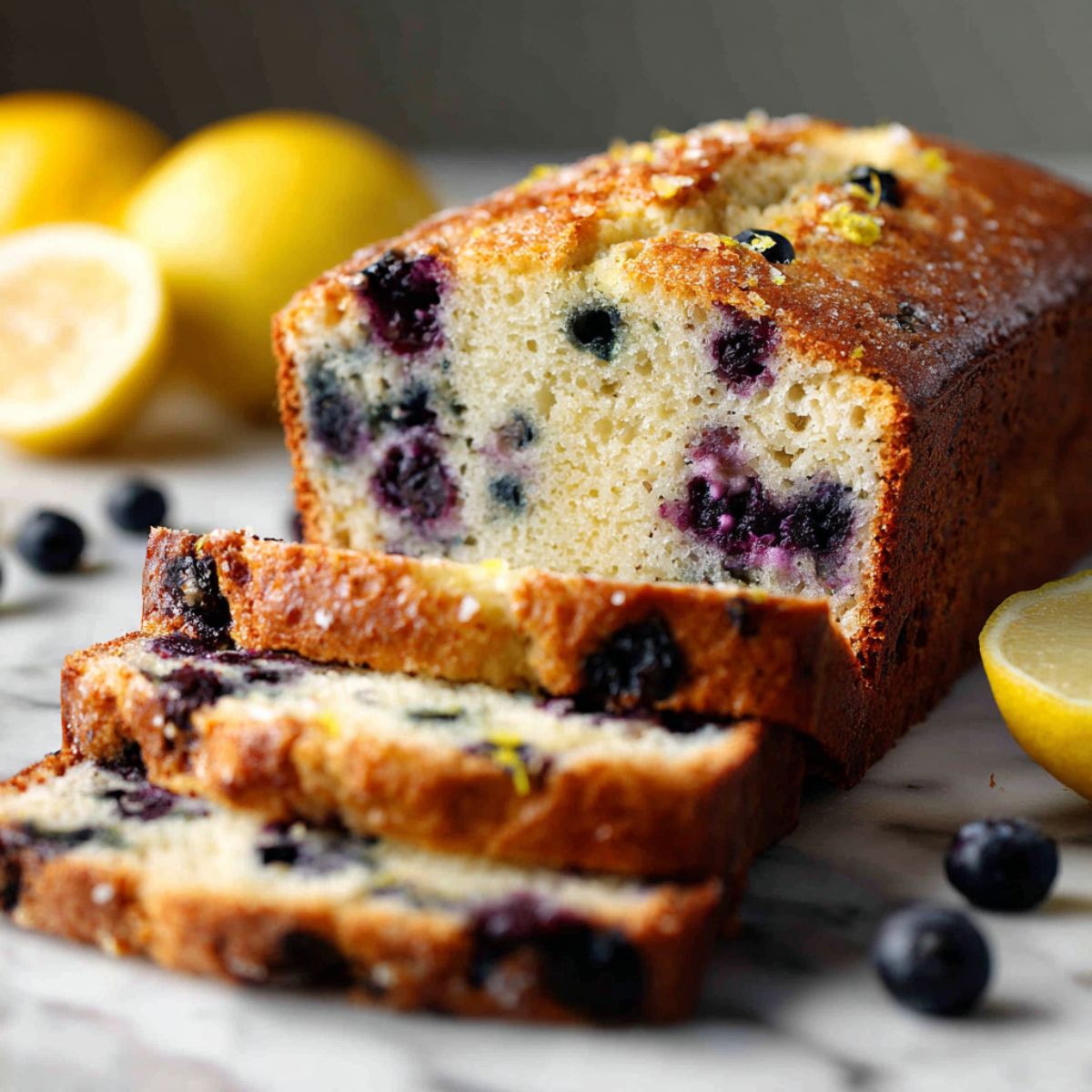 Homemade blueberry lemon bread recipe loaf sliced on a white marble counter with fresh blueberries and lemon zest visible.