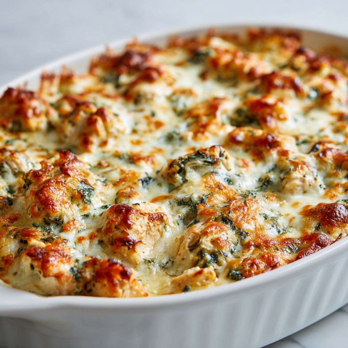 Overhead shot of a freshly baked spinach artichoke chicken casserole recipe with golden melted cheese on a white kitchen counter