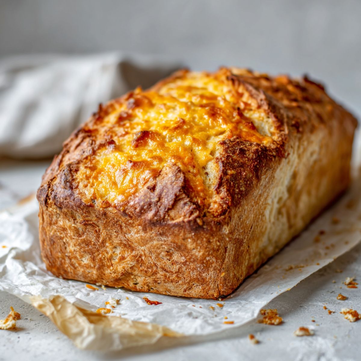 Golden homemade cheddar bread recipe loaf on parchment paper with melted cheese pockets, rustic and imperfect on a white kitchen counter, overhead view.