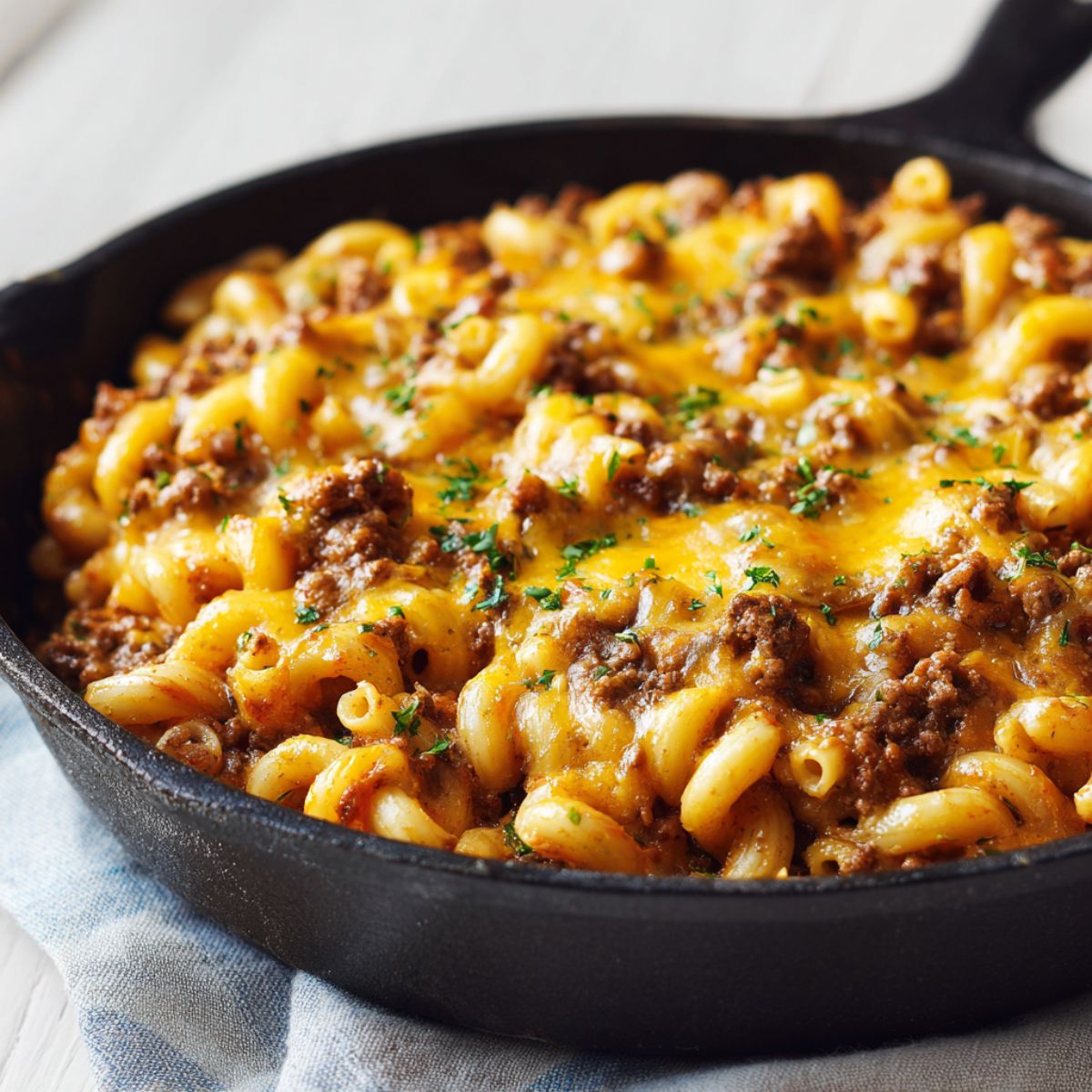 Overhead view of a homemade cheeseburger pasta skillet recipe in a rustic pan on a white kitchen counter, cheesy and golden with beef and pasta.