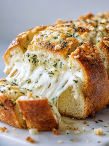 Overhead photo of freshly baked stuffed cheesy garlic bread recipe with gooey mozzarella stretching between slices on a white marble counter.
