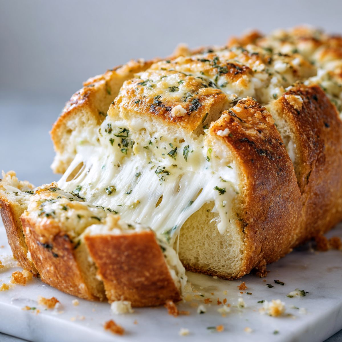 Overhead photo of freshly baked stuffed cheesy garlic bread recipe with gooey mozzarella stretching between slices on a white marble counter.