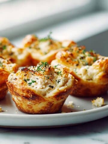 Overhead view of homemade chicken cups recipe on a white marble counter with golden biscuit crusts and creamy filling, taken by an amateur photographer in natural light.