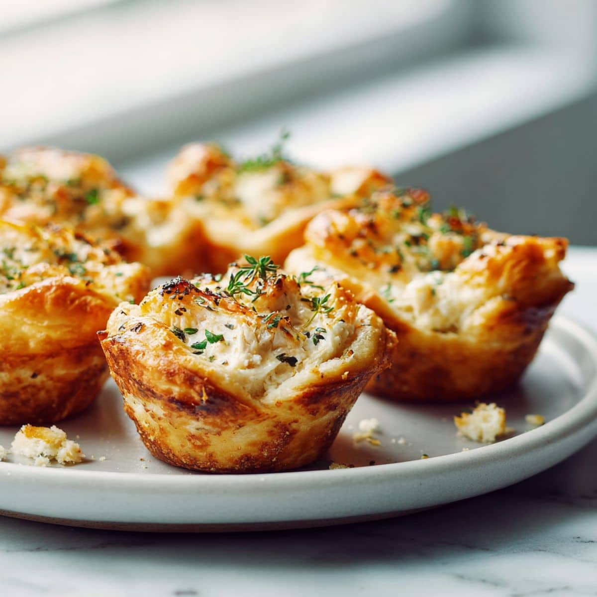 Overhead view of homemade chicken cups recipe on a white marble counter with golden biscuit crusts and creamy filling, taken by an amateur photographer in natural light.