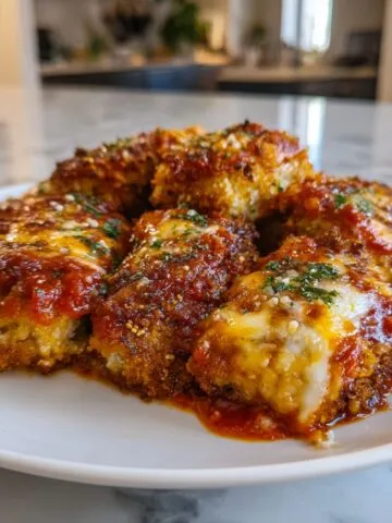 Homemade chicken nugget parmesan recipe fresh from the oven with melted cheese and marinara on a white marble kitchen counter, shot from above.