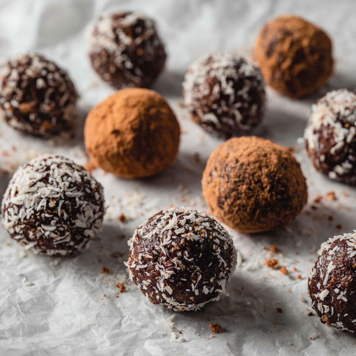 Homemade chocolate bites recipe on a white kitchen counter, some topped with coconut and nuts, photographed from above in natural light for a cozy homemade look.