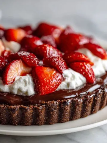 Homemade chocolate strawberry pie recipe on a white marble counter, topped with fresh strawberries and whipped cream, photographed from above.