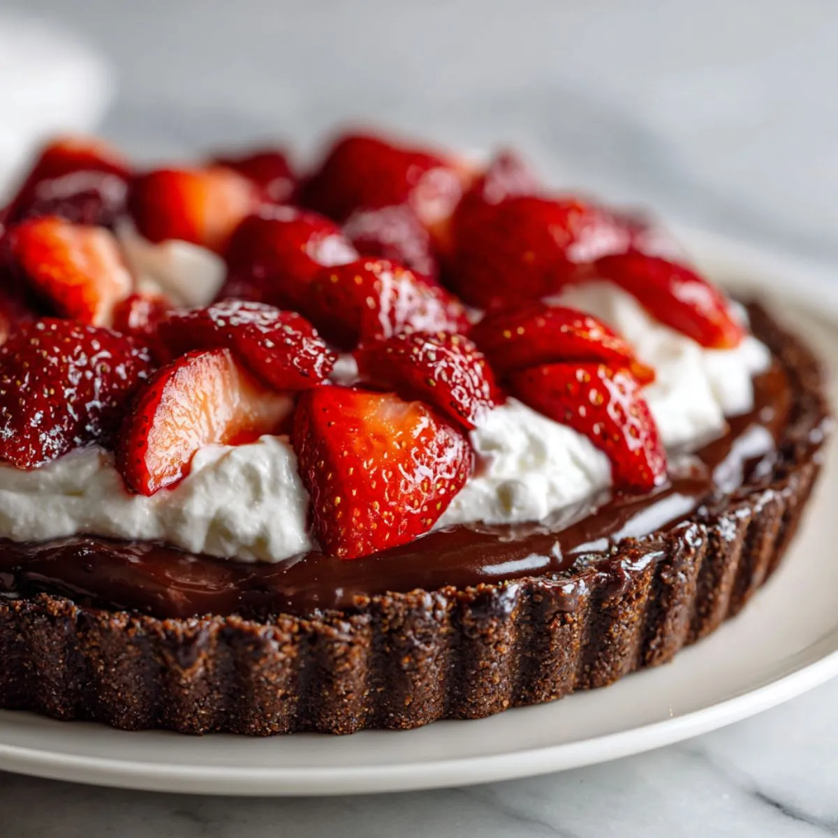 Homemade chocolate strawberry pie recipe on a white marble counter, topped with fresh strawberries and whipped cream, photographed from above.