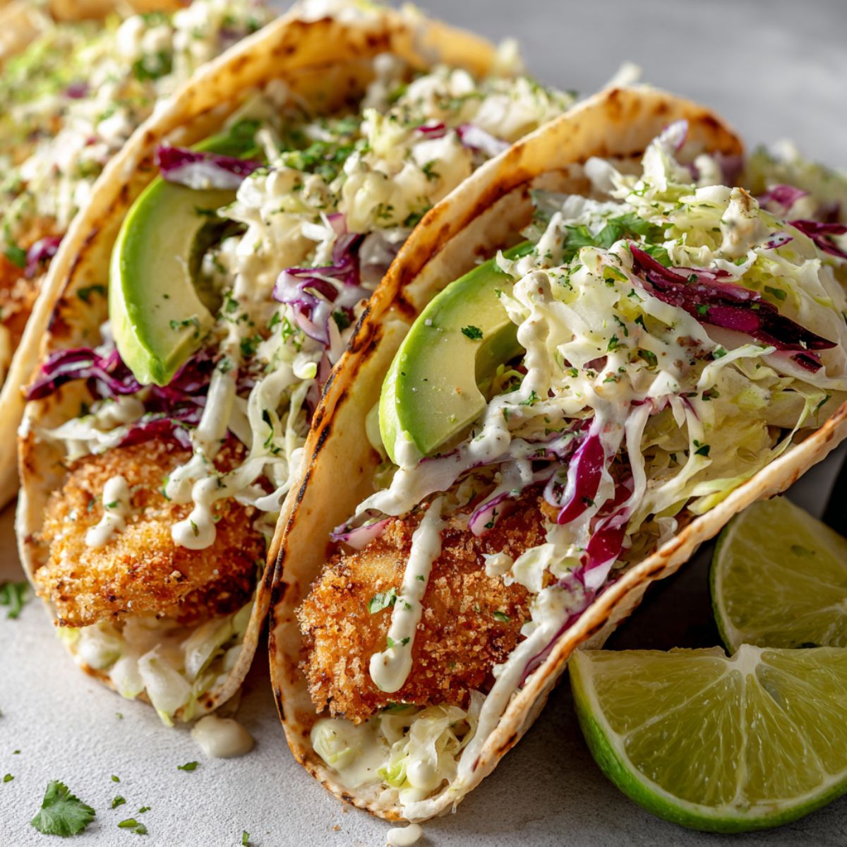Overhead shot of homemade crispy fish tacos recipe on a white kitchen counter with cabbage slaw, avocado, and lime, showing a natural, homemade feel.