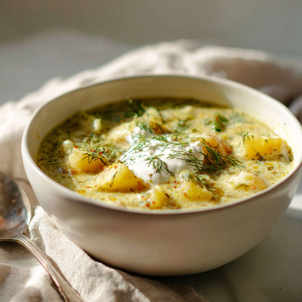 Overhead view of a homemade creamy dill potato soup recipe in a white bowl with fresh dill and sour cream on a white kitchen counter.
