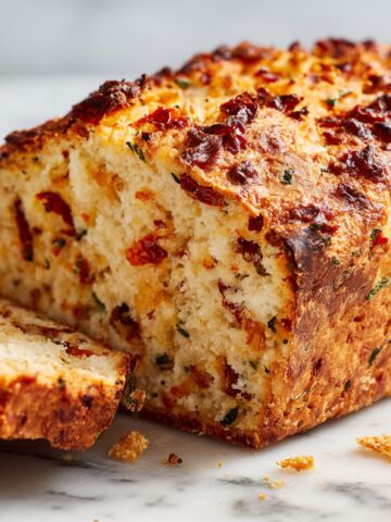 Rustic homemade dried tomato bread recipe loaf sliced open on a white kitchen counter, showing chunks of sun-dried tomatoes and herbs.