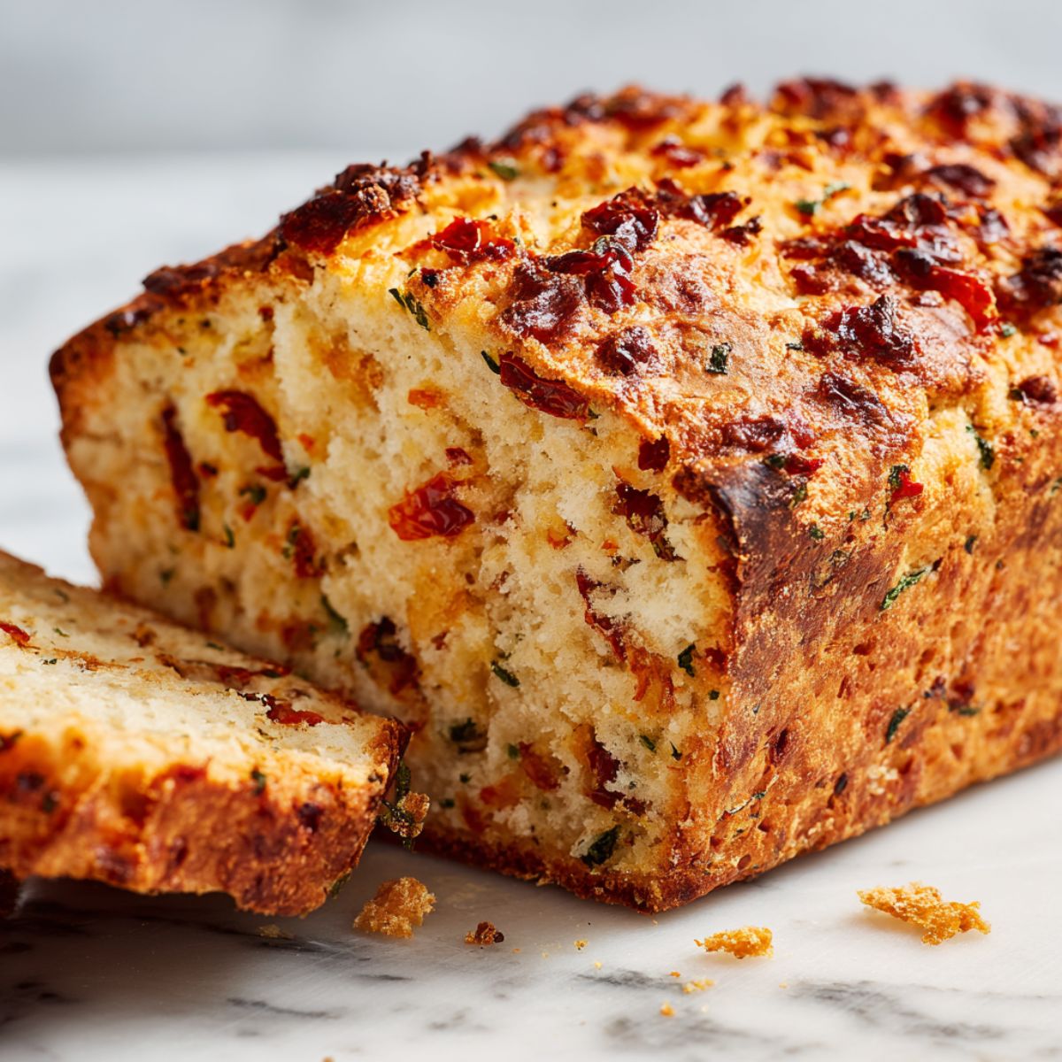 Rustic homemade dried tomato bread recipe loaf sliced open on a white kitchen counter, showing chunks of sun-dried tomatoes and herbs.
