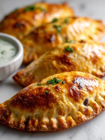 Homemade sweet potato and black bean empanadas recipe on a white marble counter with golden crusts and creamy filling, photographed from above in natural light.