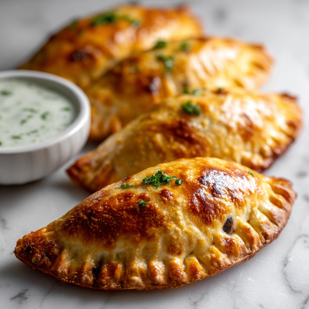 Homemade sweet potato and black bean empanadas recipe on a white marble counter with golden crusts and creamy filling, photographed from above in natural light.