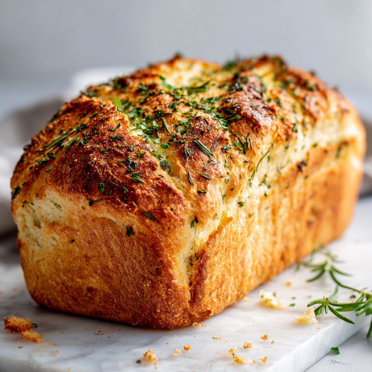 Homemade garlic herb bread recipe loaf with golden crust and fresh herbs on a white marble kitchen counter.