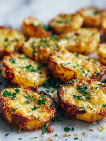 Overhead view of crispy garlic parmesan roasted potatoes recipe on a parchment-lined baking sheet, sprinkled with parsley and parmesan cheese, photographed on a white kitchen counter in natural light.