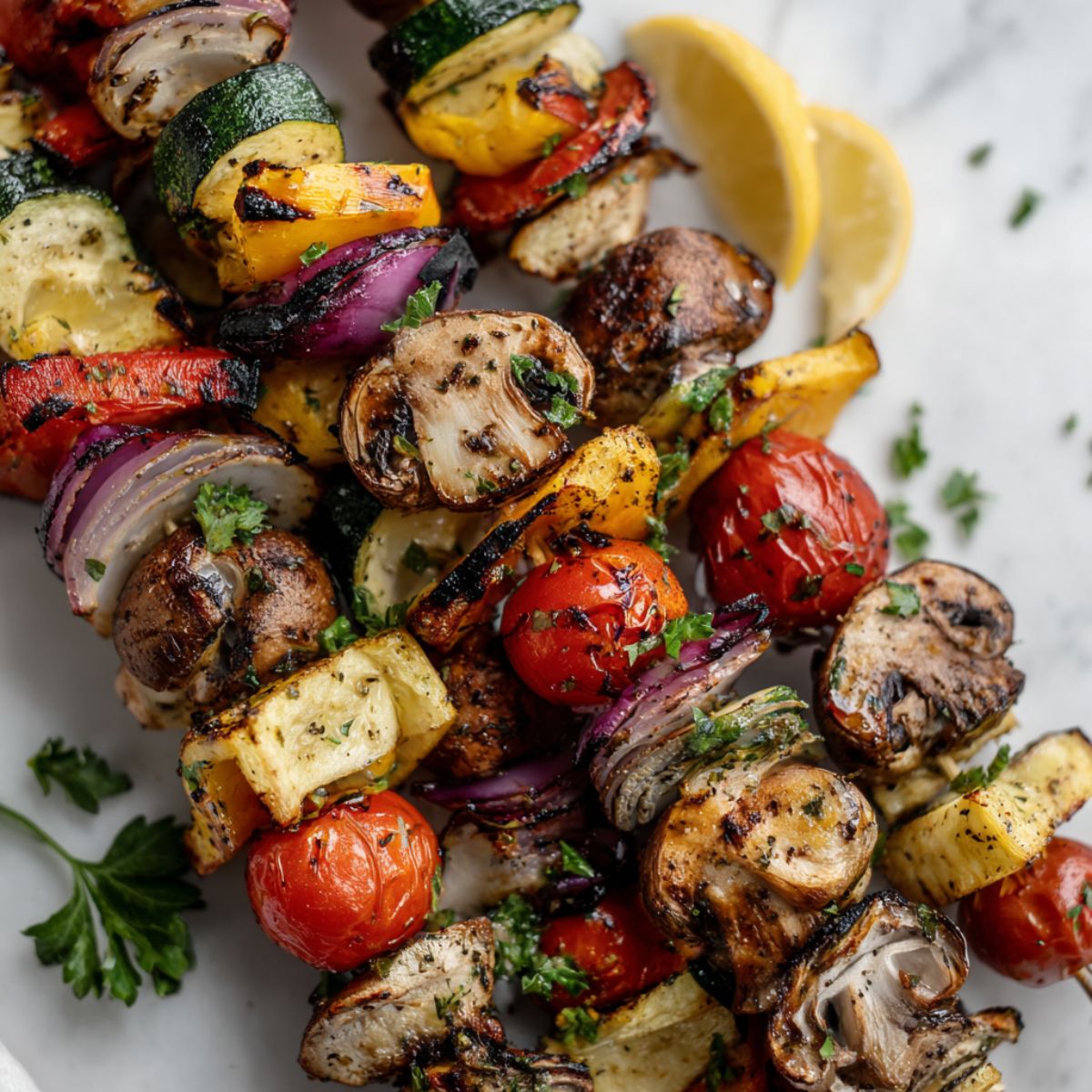 Homemade grilled veggie kabobs recipe on a white marble counter with lemon wedges and parsley, captured from above in natural daylight.