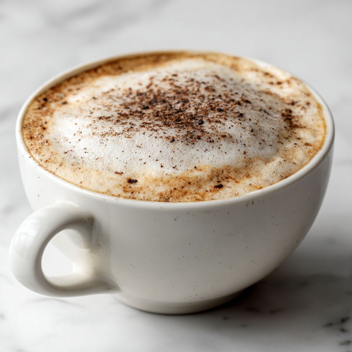 Overhead view of a homemade hazelnut cappuccino recipe with frothy foam and a light cinnamon sprinkle on a white marble kitchen counter.