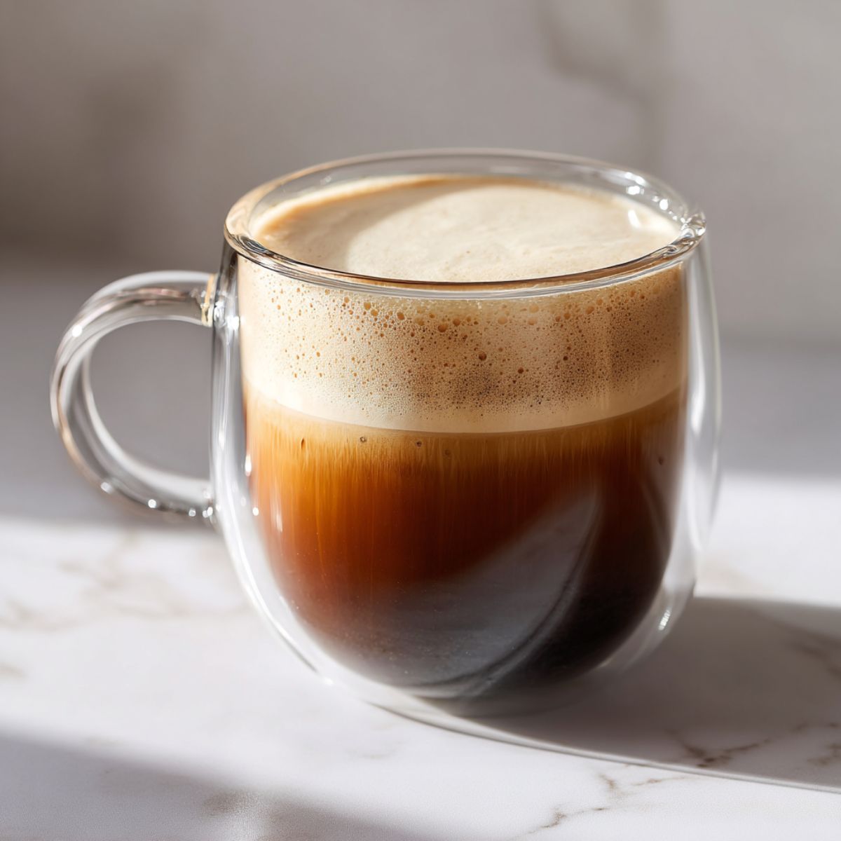 Homemade Irish Cream Coffee recipe in a glass mug with cream floating on top, shot from above on a white marble counter with natural morning light.