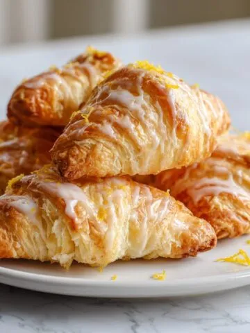 Overhead view of homemade lemon croissants recipe with flaky layers and lemon glaze on a white kitchen counter, looking perfectly imperfect and freshly baked.