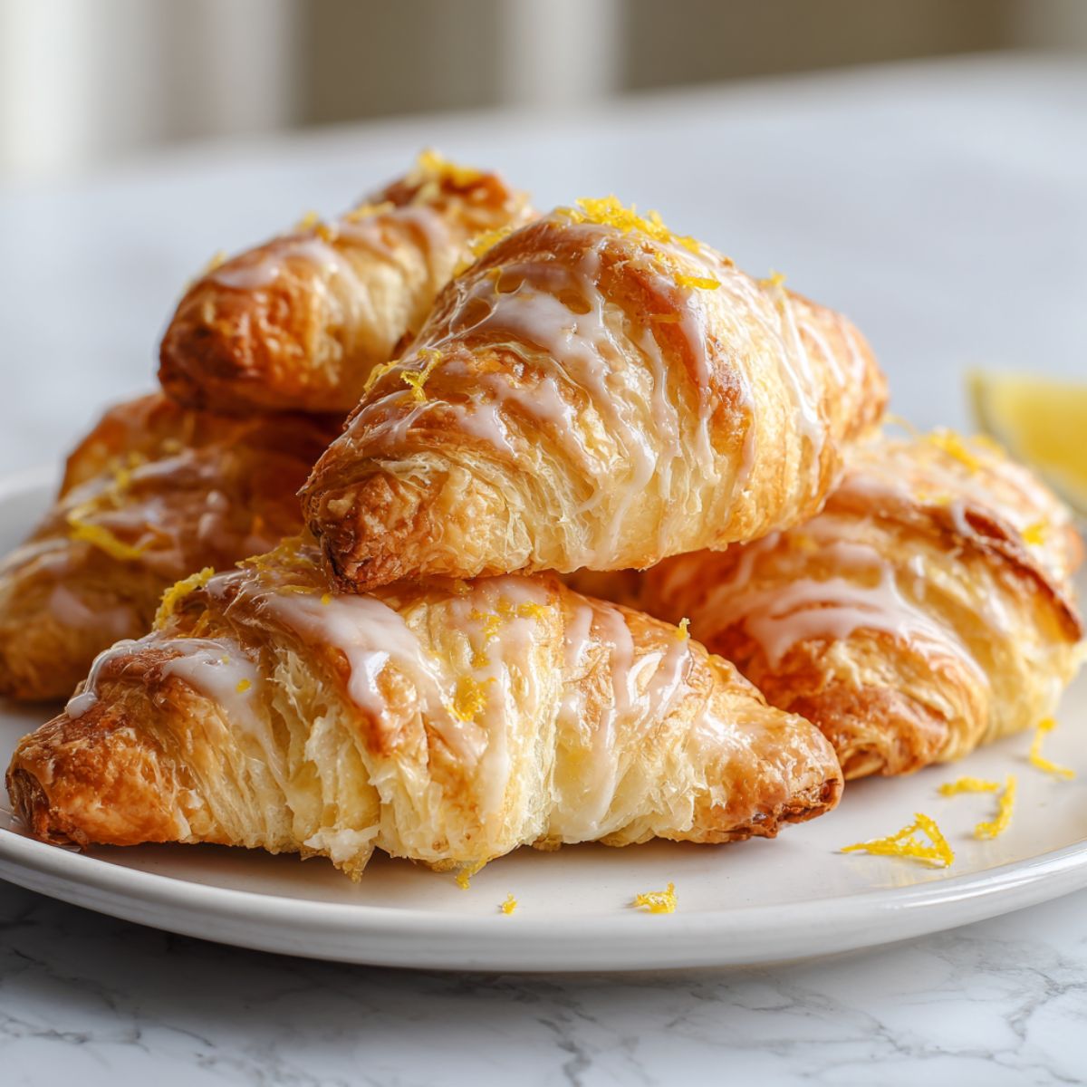 Overhead view of homemade lemon croissants recipe with flaky layers and lemon glaze on a white kitchen counter, looking perfectly imperfect and freshly baked.