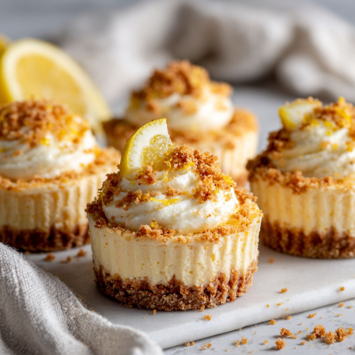 Homemade lemon cheesecake cupcakes recipe cooling on a white marble counter, frosted and unfrosted, shot from above in natural kitchen light.