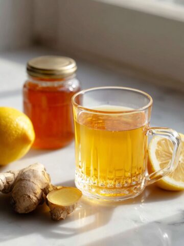 Overhead view of a homemade cup of lemon ginger honey tea recipe with lemon slices and fresh ginger on a white kitchen counter, warm morning light, and natural imperfections for a cozy real-life feel.