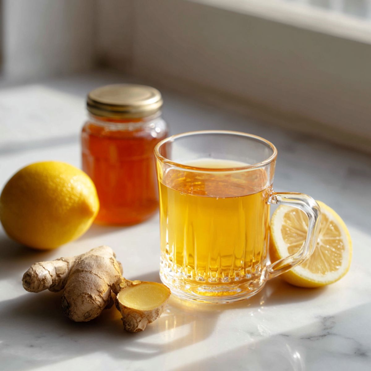 Overhead view of a homemade cup of lemon ginger honey tea recipe with lemon slices and fresh ginger on a white kitchen counter, warm morning light, and natural imperfections for a cozy real-life feel.
