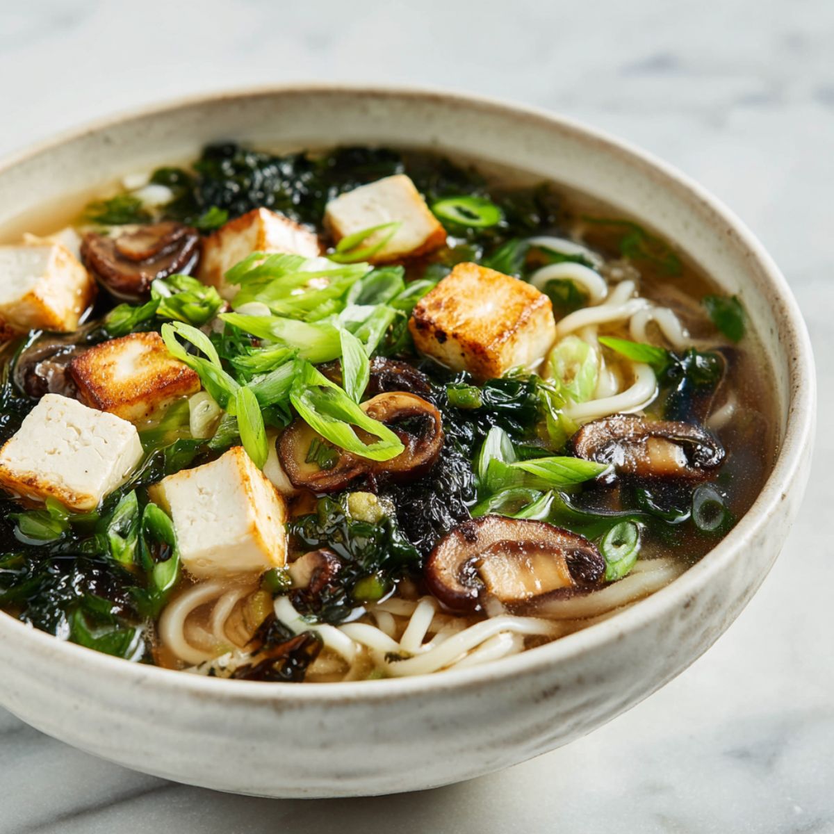 Homemade miso noodle soup recipe served in a white bowl on a marble counter, topped with tofu, mushrooms, and green onions, captured from overhead in natural light.
