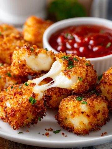 Homemade mozzarella bites recipe served on a white plate with marinara sauce, showing a gooey cheese pull on a white kitchen counter.
