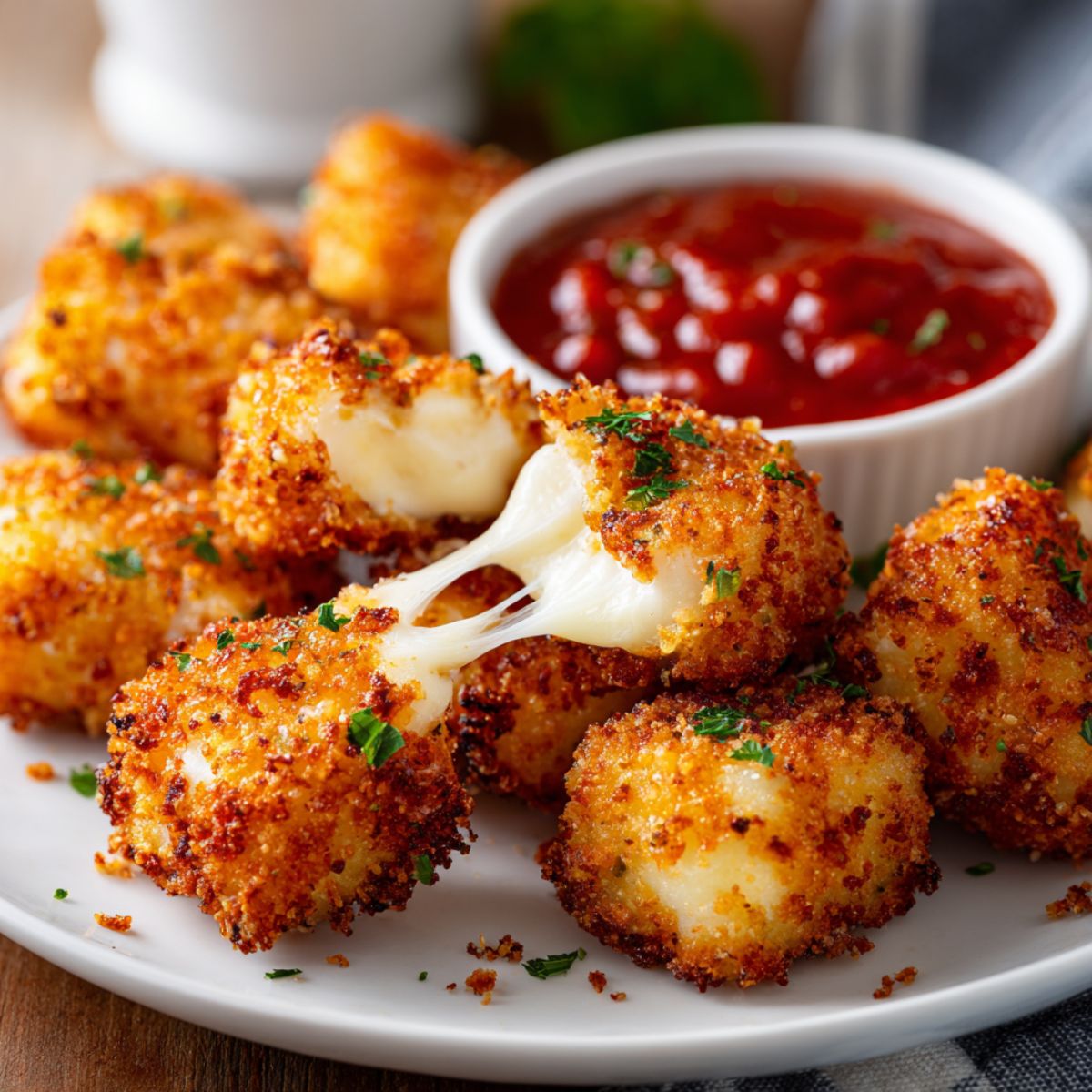 Homemade mozzarella bites recipe served on a white plate with marinara sauce, showing a gooey cheese pull on a white kitchen counter.