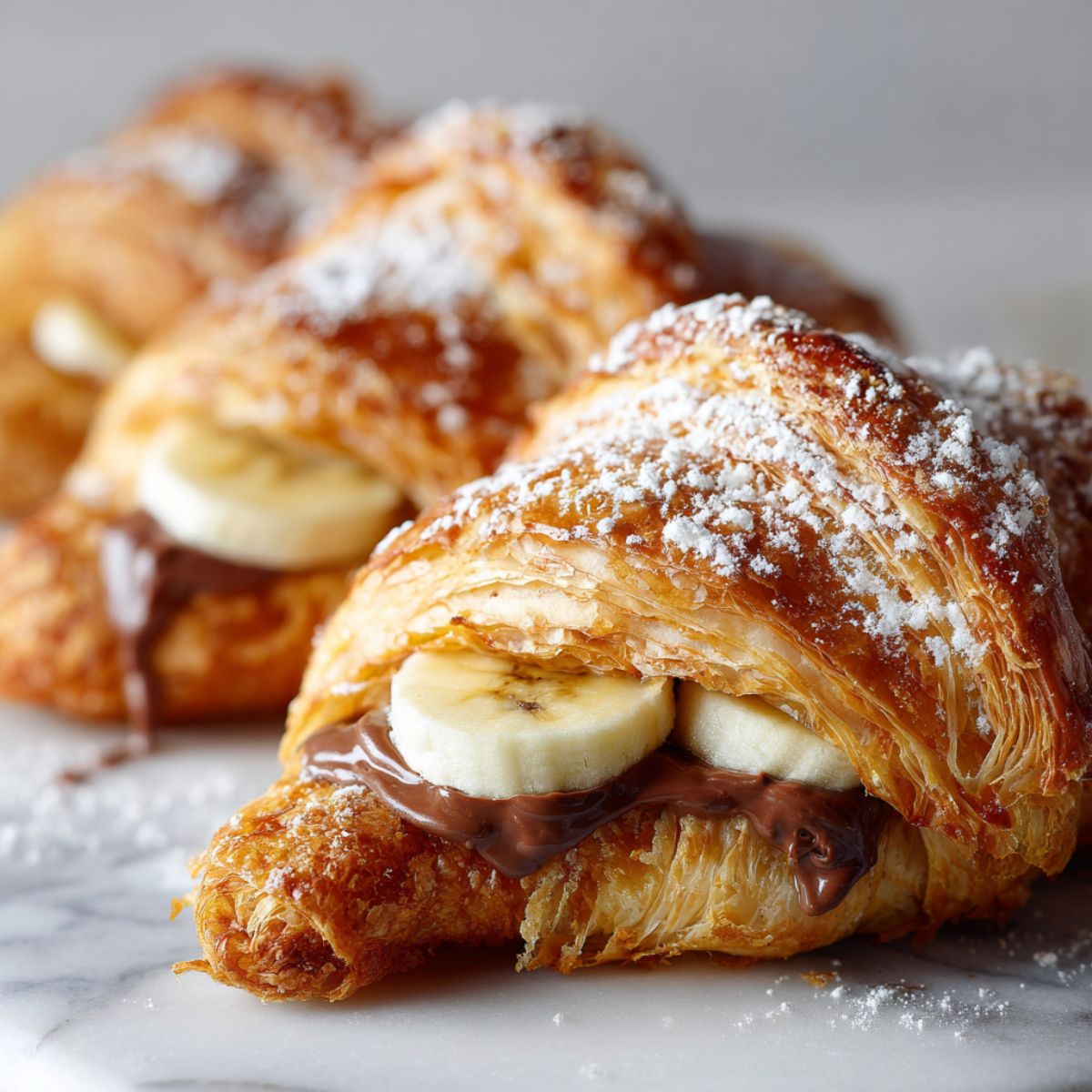 Homemade Nutella banana croissant recipe on a white marble kitchen counter, with melted chocolate and banana slices showing, dusted with powdered sugar and photographed from above.